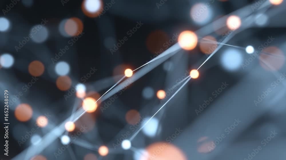 Poster networked nodes: an artistic representation of interconnected nodes, visualized with glowing orbs an