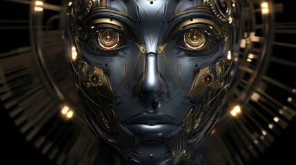 Fototapeta premium Close-up of a robot's faceplate with intricate mechanical details and glowing elements, futuristic design. Artificial Intelligence, Futuristic