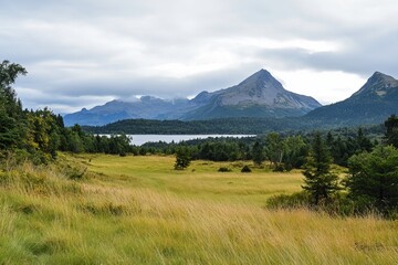 Fototapeta premium Mountain vista overlooking a lake and meadow