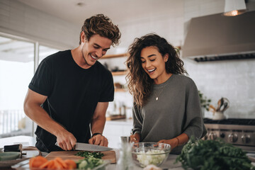 Young Couple Laughing While Preparing Meal Prep Bowls in Bright Modern White Kitchen with Natural Light