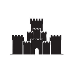 Naklejka premium Silhouette of a Medieval Castle Fortress with Towers and Crenellations Against a White Background Representing History and Architecture