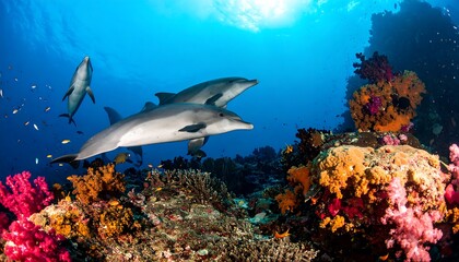 Fototapeta premium Three dolphins swim above a vibrant coral reef in clear blue water, sunlight illuminating the scene