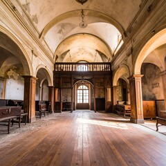 Obraz premium Sunlit interior of a decaying chapel, showing aged wooden flooring, pews, and arched architecture with peeling plaster
