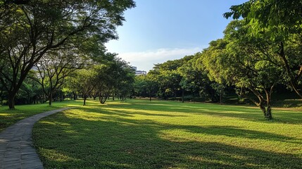 Fototapeta premium Park path winds through lush green trees