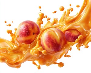 Fresh peach juice splashes, three peaches in a dynamic burst of orange liquid against white background