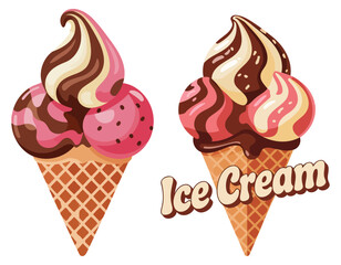 Colorful Ice Cream Cone with Chocolate and Strawberry Swirls for Delicious Dessert Branding and Design