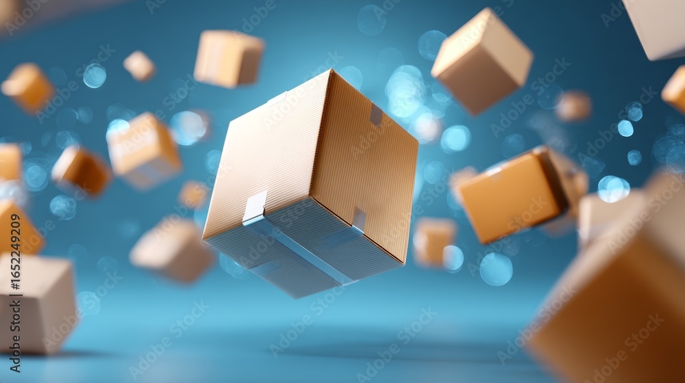 Poster 3d rendered floating boxes on blue background with soft bokeh effect, showcasing modern digital desi