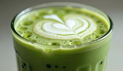 Close up of a matcha latte in a glass with a heart shaped design in the foam on top of the drink