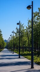 Paved path lined with lampposts, lush greenery