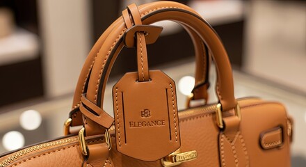 Luxurious tan leather handbag with gold hardware and embossed logo tag, exuding sophistication and style.