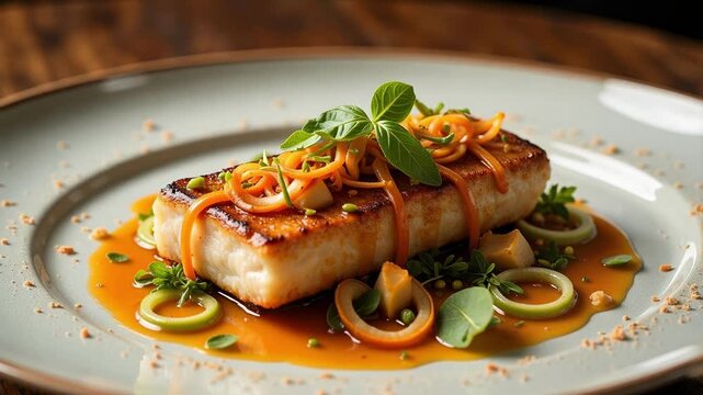 Exquisite pan-seared halibut drizzled with vibrant citrus sauce and fresh herbs, a culinary delight sure to tantalize the taste buds and elevate any dining experience