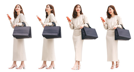 Adult asian business woman walking with shopping bag isolated cutout transparent background