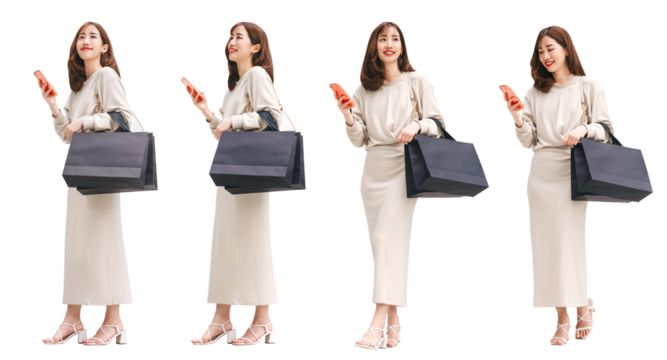 Adult asian business woman walking with shopping bag isolated cutout transparent background