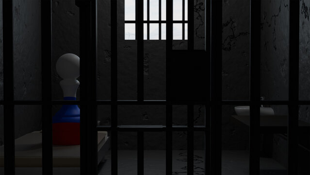 3D model of a chess pawn, painted in the colors of the Russian flag, is in a dark prison cell behind bars with a bed and a washbasin, power and punishment