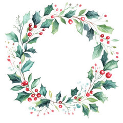 Fototapeta premium Christmas holly wreath with red berries and green leaves isolated on transparent background