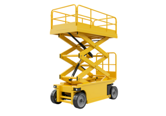 Yellow Scissor Lift Industrial Mobile Platform for Construction and Maintenance isolated on transparent background