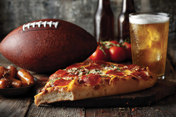 a flyer featuring an american football and hot dogs, beer and a slice of pizza 