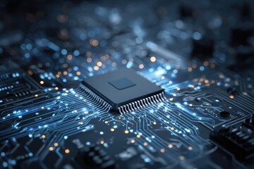 Close-up of a central processing unit (CPU) on a circuit board, highlighted by glowing blue and yellow circuitry