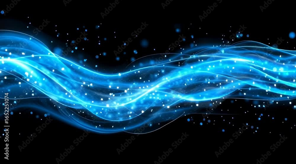 Poster abstract digital art showcasing glowing blue energy waves and fluid lines moving serenely across a d