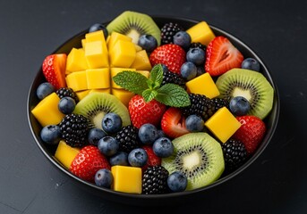 A colorful bowl of fresh fruit salad with strawberries, blueberries, kiwi, and mango