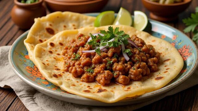 Delicious chhole bhature Indian dish with spicy chickpeas and fried bread, garnished with onions and herbs, a culinary delight, a tasty meal