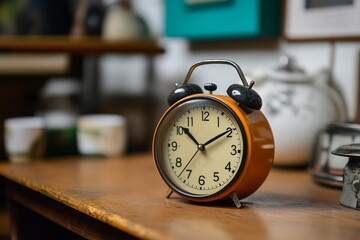 Naklejka premium Orange alarm clock on wooden surface, vintage style