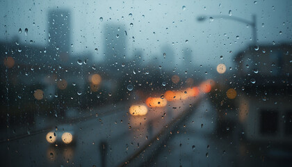 Rainy city street scene through window with soft bokeh lights creates a moody, atmospheric vibe
