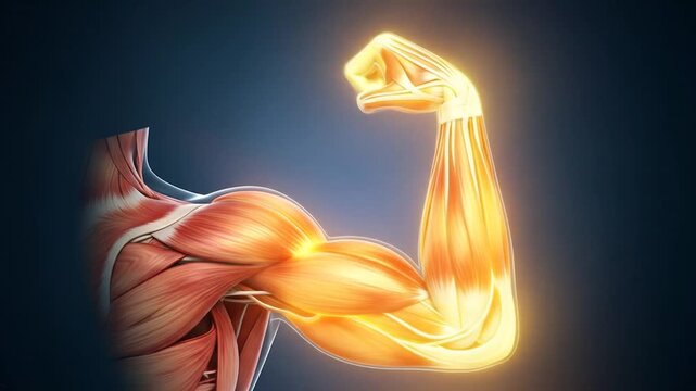 Animated Arm Muscle Anatomy: Bicep Flexing and Strength Visualization on Blue Background