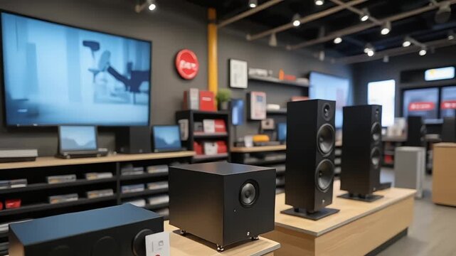 Audio equipment display featuring speakers and amplifiers in a retail electronics store