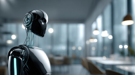 A sleek, modern robot in a professional workspace, with clean surfaces and soft lighting. Artificial Intelligence, Futuristic Digital Technology, Metaverse of Digital Intelligent World