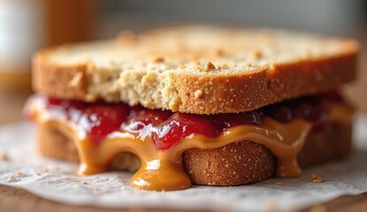 A close up of a peanut butter and jelly sandwich with a bite taken out of the top slice of bread