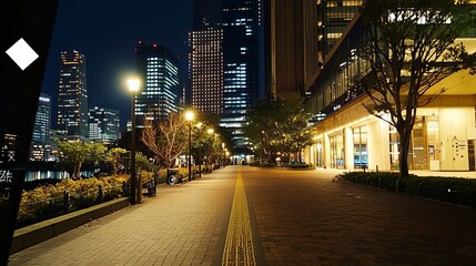Night cityscape walkway with tall buildings and pathway lights