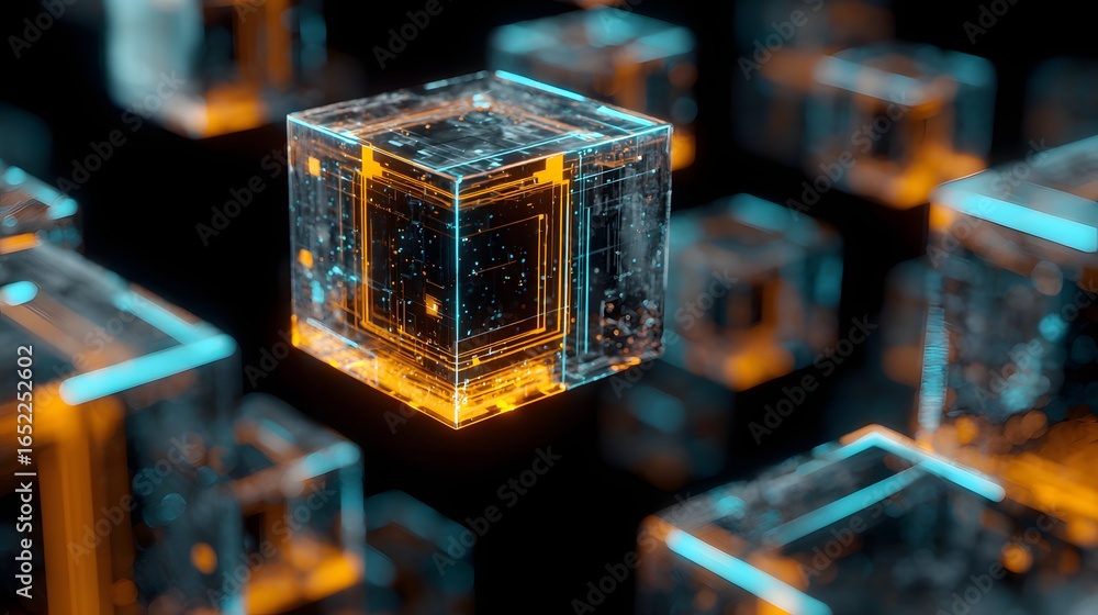 Poster abstract glowing cubes with intricate internal structures.