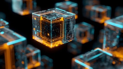 Abstract glowing cubes with intricate internal structures.