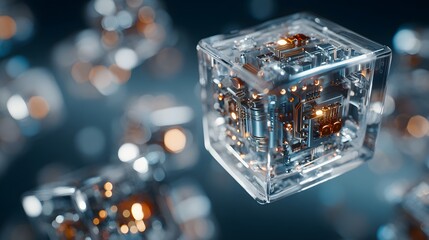 Transparent cube with intricate circuit board design.
