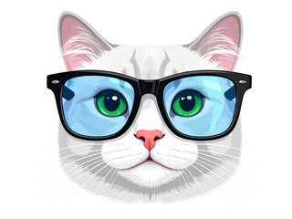 Smart Cat Portrait A White Cat with Glasses, Embodying Wisdom and Intelligence on a White Background