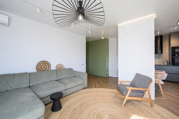 Stylish living room with a modern pendant lamp, a cozy green sofa, round rug, and a glimpse of a...