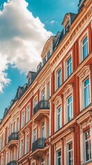 Obraz premium Ornate brick buildings with many windows and balconies, under a partly cloudy blue sky