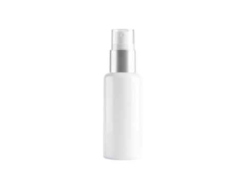 White cosmetic spray bottle with silver cap, perfect for beauty and personal care liquids packaging.