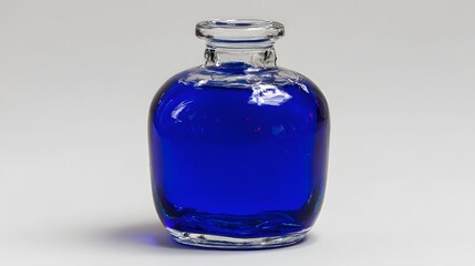 Clear glass bottle filled with vibrant blue liquid.