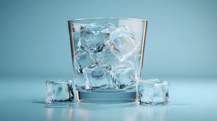 Clear glass tumbler filled with ice cubes.