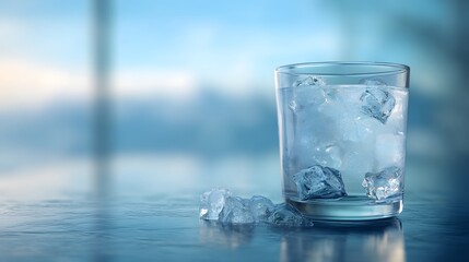 Glass of water with ice cubes on a table.