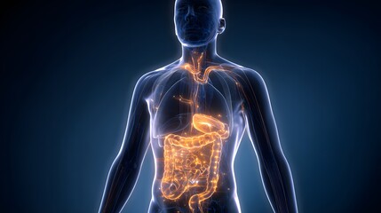 Human digestive system illustration with highlighted organs.