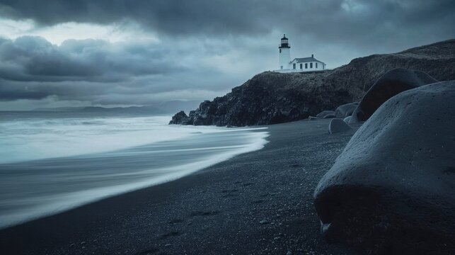 Coastal Lighthouse Under a Cloudy Sky