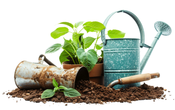 Potted Plant and Watering Can Setup on white background
