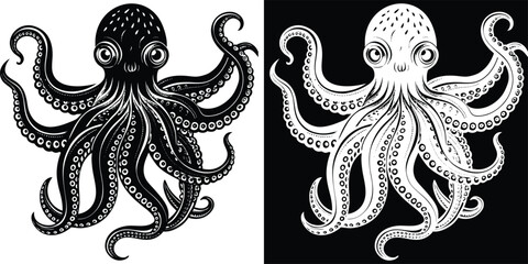 Elegant octopus design in contrasting black and white is perfect for apparel and striking tattoo art