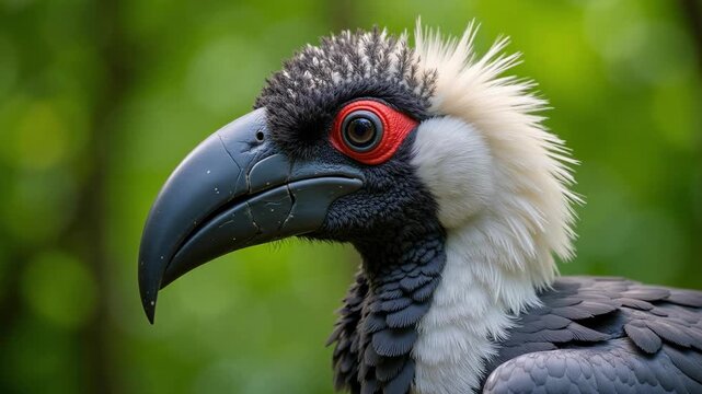 Stunning close-up of a majestic Hornbill African Grey with striking casque and beak, captured in vibrant 4K video detail against a soft green backdrop.