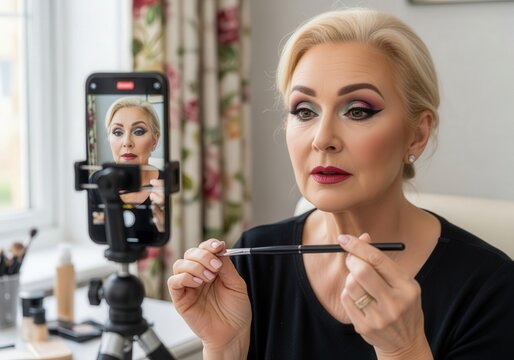 Senior female influencer applying makeup filming tutorial with smartphone at home - Powered by Adobe