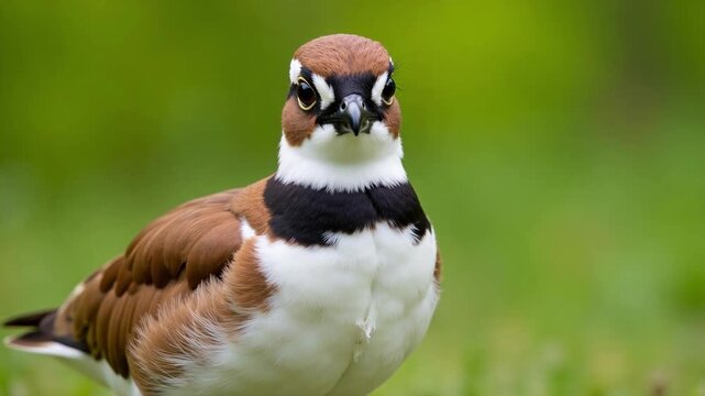 Stunning close-up video of a Killdeer bird with distinctive double black breast bands and rufous wing patch, showcasing its large dark eye on a soft green background.