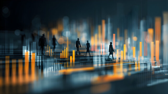 Silhouetted figures walking amidst abstract financial chart and cityscape background design concept - Powered by Adobe
